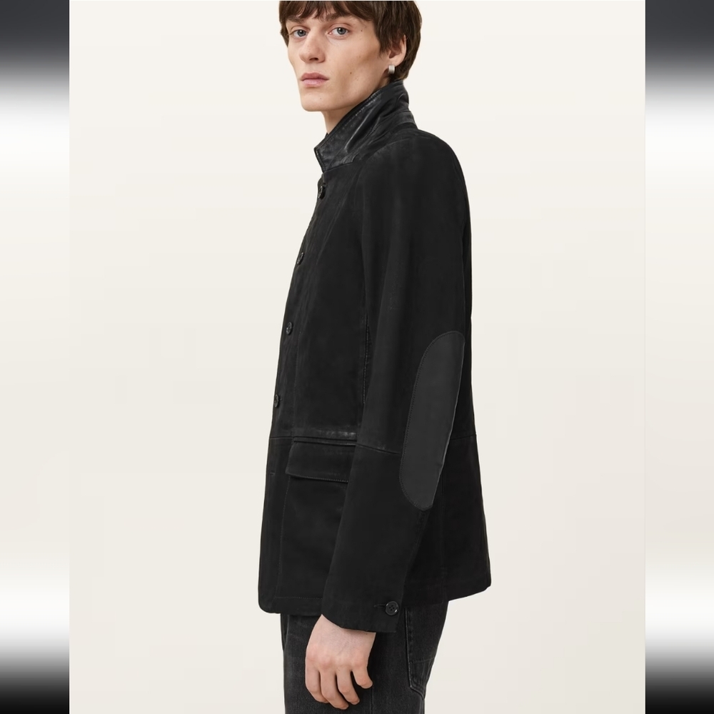 All Saints Survey Slim Fit Black Leather Blazer Jacket Distressed Layered M